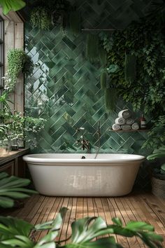 a bathtub with plants on the wall and wooden flooring in front of it