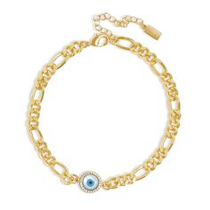 Our Blue Evil Eye Anklet features a classic Figaro chain in a rich shine, created with durable plating and strong links for frequent wear. A sparkling halo of stones frames the round evil eye, adding a luxe look to this mysterious talisman meant to bring luck and ward off bad energy.   Features     14k Gold Filled   Chain length 8”,9",10'   Charm size 0.8"  Tarnishing resistant   Hypoallergenic   Please note that chemicals and perfume can shorten the lifespan   Clean your jewelry after each wear Blue Evil Eye Bracelet, Evil Eye Anklet, Evil Eye Design, Tarnished Jewelry, Blue Evil Eye, Eye Bracelet, Jewelry Choker, Cheap Jewelry, Layered Bracelets