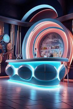 a futuristic bar with neon lights and circular shelves in the center is lit up by blue lighting