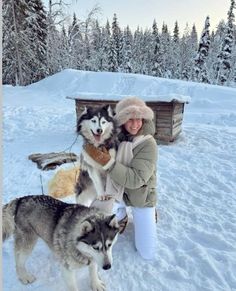 a woman with two husky dogs in the snow