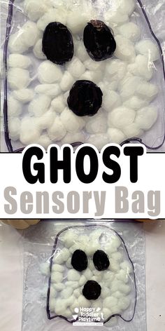 two bags filled with white and black marshmallows in the shape of a ghost