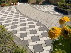 a driveway with flowers and plants in the foreground