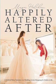 two women in wedding gowns are looking at the bride's dress on display