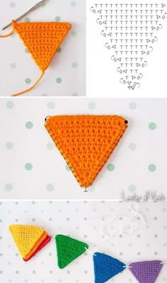 crocheted triangle is shown with the instructions to make it look like an ornament