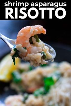 shrimp asparagus risotto on a fork