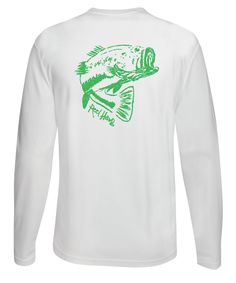 a white long - sleeved shirt with green fish on the front and back side