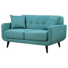 a light blue couch with two pillows on it's back and one arm facing the camera