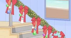 the christmas tree is decorated with red bows and balls on it's stair rail