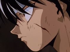 a close up of a person with black hair and an anime avatar in the background