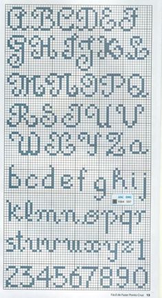 a cross stitch pattern with the letters and numbers in blue, white and grey colors