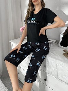 Women's Round Neck Short Sleeve Bow-Tie & Letter Print Pajama Set Black Casual-Woman  Short Sleeve Knitted Fabric Cartoon,Letter Short Sets Medium Stretch All Women Sleep & Lounge, size features are:Bust: ,Length: ,Sleeve Length: