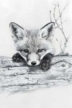 a pencil drawing of a fox resting on a branch