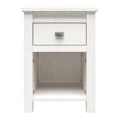 a white nightstand with two drawers on one side and an open drawer on the other