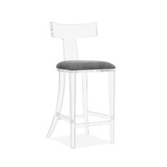 a clear bar stool with a black cushion on the seat and backrest, in front of a white background