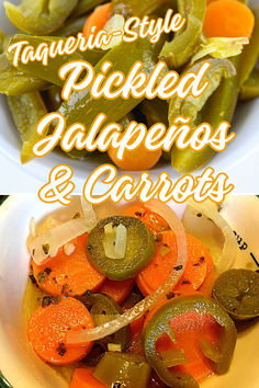 there are several different types of pickled jalapenos and carrots in the bowl