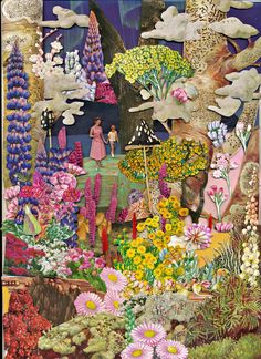 an image of a painting with flowers and trees