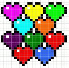 a cross stitch pattern with hearts in different colors and sizes on the bottom half of it