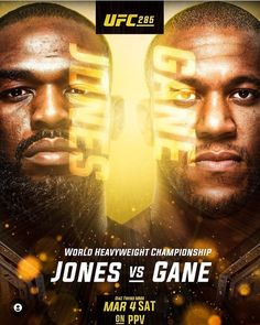 two professional fighters face each other in front of a yellow background with the words, world lightweight championship jones and cane