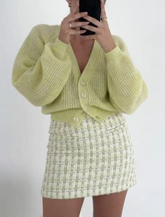 Make the whole place shimmer in this elevated tweed mini skirt with lurex threads throughout.  Also available as a mini dress. Tweed Mini Skirt, Green Cardigan, Black Camis, Cropped Cardigan, Everyday Essentials Products, New Fashion, Fashion Clothes Women, Mini Skirt, Knitted Sweaters