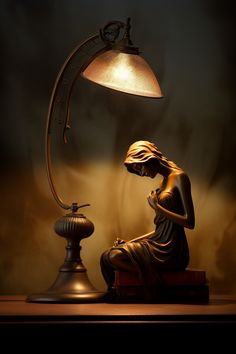 a statue sitting on top of a table next to a lamp