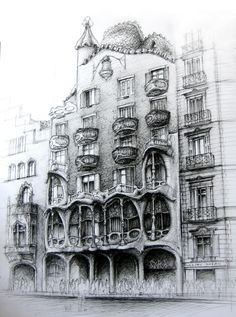 a drawing of a building with many windows and balconies on the side of it