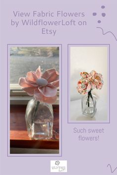 a vase with flowers in it sitting on a window sill next to the words view fabric flowers by wildflower loft on etsy