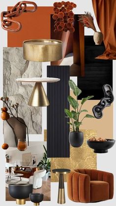 a collage of different furniture and decor items in orange, black, gold and white