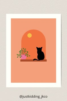 a black cat sitting on top of a window sill next to a potted plant