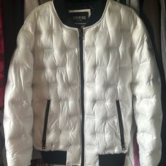 White Guess Puffer Jacket Brand New, Never Worn Puffer Jacket Guess, Guess Puffer Jacket, Jacket Brands, Black Accents, Puffer Jacket, Women's Jacket, Puffer, Mens Jackets, Color White