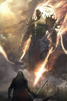 a man standing in front of a giant demon with flames coming out of his body