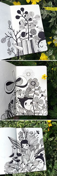 three different views of an open book with drawings on it and flowers in the background