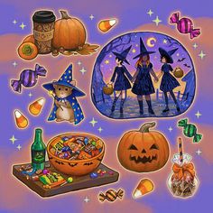 a painting of witches and pumpkins on a purple background with candy in the bowl