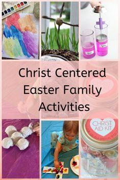 the words christ centered easter family activities are shown above pictures of painted eggs, marshmallows and other items