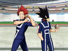 two anime characters standing next to each other in front of a stadium filled with people