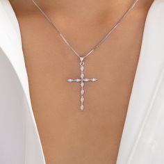 Material: silver plated stainless steel, crystals Length: 17" + 1" extension Pendant size: 1" x 1.5" IMPORTED Silver Cross Necklace Womens, Luxury White Cross Necklace Elegant Style, Cross Necklace For Women Silver, Cheap Cross Necklace With Silver Chain, Affordable Silver Cross Necklace, Affordable Sterling Silver Cross Necklace Gift, Cheap Elegant White Cross Necklace, Cheap Silver Cross Pendant Chain Necklace, Cheap Sterling Silver Cross Necklace