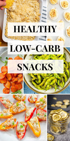 Collage of low-carb snack recipes for kids and adults. Healthy Low Carb Snack Ideas, Inexpensive Healthy Snacks, Quick And Easy Healthy Snacks On The Go, Low Cholesterol Snack Ideas, Easy Healthy Snacks For Diabetics, Snacks Instead Of Chips, Snack Recipes For Diabetics, Lower Carb Snacks, Healthy Snack Ideas Savory