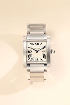 Cartier Tank Francaise Stainless Steel Watch on Bracelet. #graduationgift Cartier Tank Watches Women, Cartier Tank Watch Woman Stainless Steel, Cartier Timeless Rectangular Dial Watch, Vintage Watch Women Cartier Tank, Cartier Tank Francaise Watch, Yoko Saito, Cartier Panthere, Cartier Santos