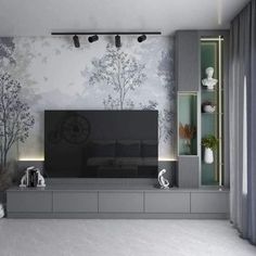 a living room with a large tv on the wall