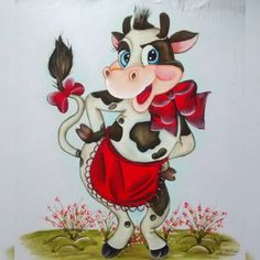 a painting of a cow wearing a red dress and holding a black bird in its hand