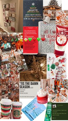 a collage of christmas cards and gifts for the holiday season, including coffee mugs