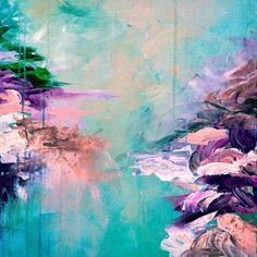 an abstract painting with pink flowers and green trees on the left side of the image