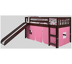 a bunk bed with a slide and pink sheets