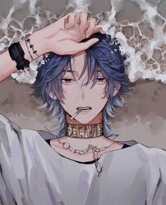 an anime character with blue hair and piercings on his neck is holding his hand over his head