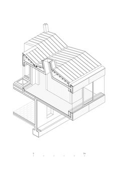 an outline drawing of a house with a roof and two stories on the top floor