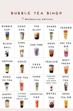 the bubble tea menu is shown with different types of drinks in each cup and on each side