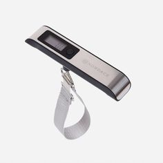 an electronic device with a lanyard strap attached to it's side, on a white background