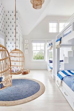 a bedroom with bunk beds and blue rugs