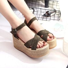 Lasaky - Wedge Heel Platform Sandals with Thick Sole and Waterproof Platform, Solid Color Suede Sandals Buckles Fashion, Platform Wedge Heels, Ankle Strap Shoes, Super High Heels, Wedge Heel Sandals, Fashion Sandals, Fashion High Heels, Suede Sandals, Open Toe Sandals