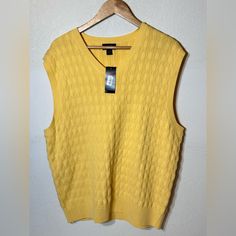 Tasso Elba Golf Yellow Sweater Vest Knitted Large Casual Yellow Knit Sweater Vest, Yellow V-neck Top For Layering, Classic Knitted Tops For Spring, Classic Spring Knitted Top, Classic Sleeveless Sweater For Spring, Classic Sleeveless Spring Sweater, Yellow Sweater Vest, Vest Knitted, Orange Streetwear