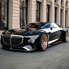 a black and gold car parked in front of a building